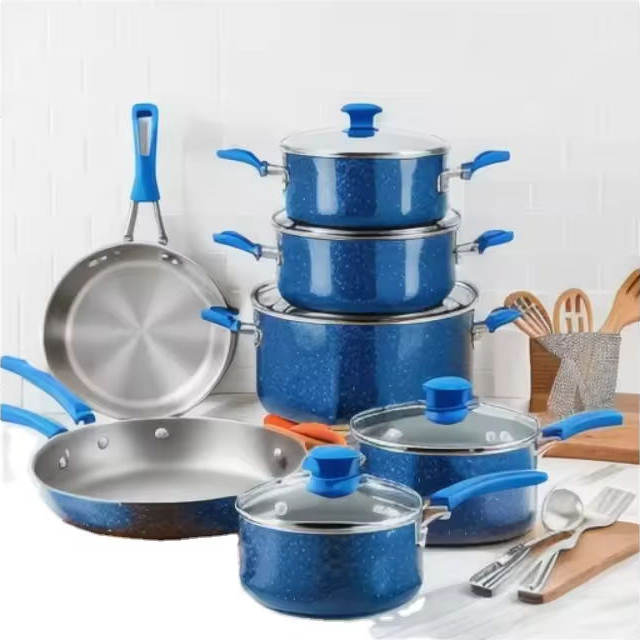 طقم أواني طهي بأسعار تنافسية مع مقلاة شواء 13 قطعة طقم أواني طهي ذات علامة تجارية مزدوجة طقم أواني طهي مطلية بالجرانيت